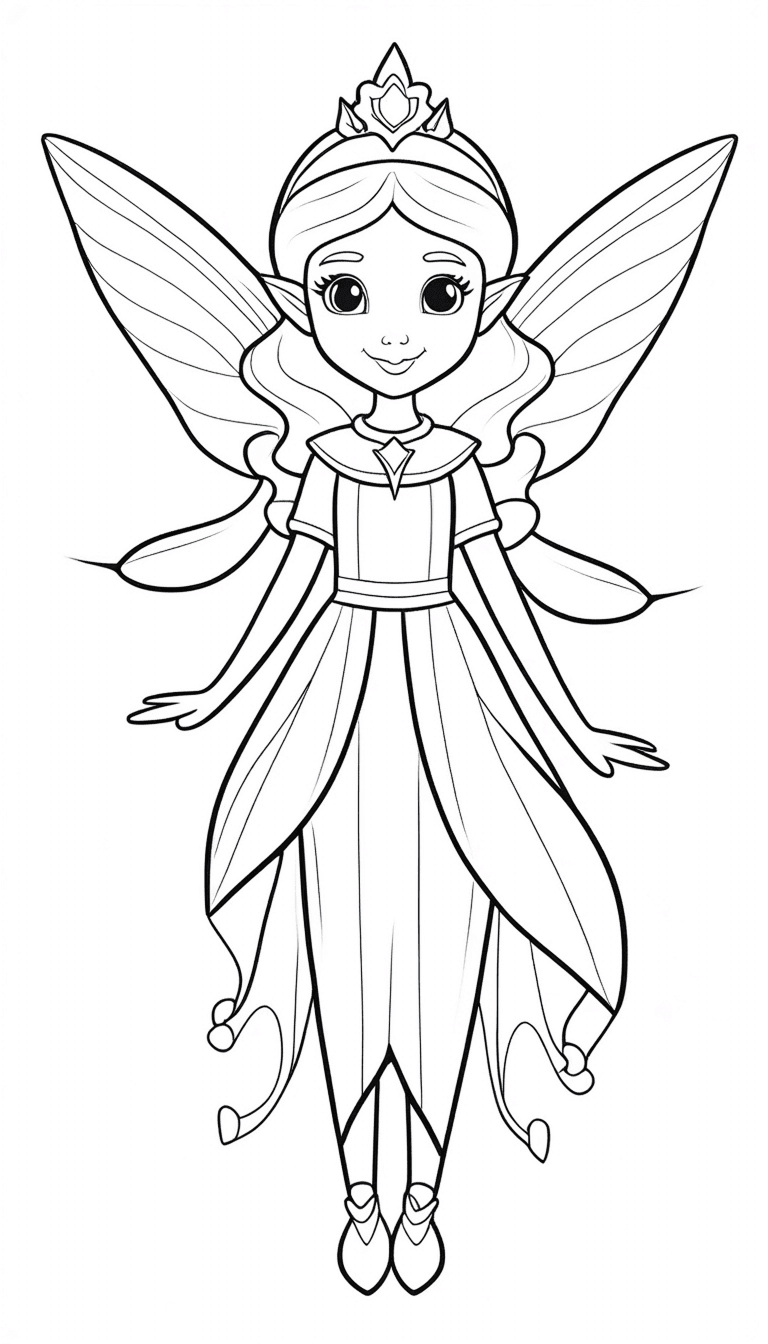 Fairy Princess Coloring Page - A charming fairy princess with delicate wings, wearing a lovely gown and a tiara. Ideal for children who love fairies, fantasy, and enchanted storybook characters.