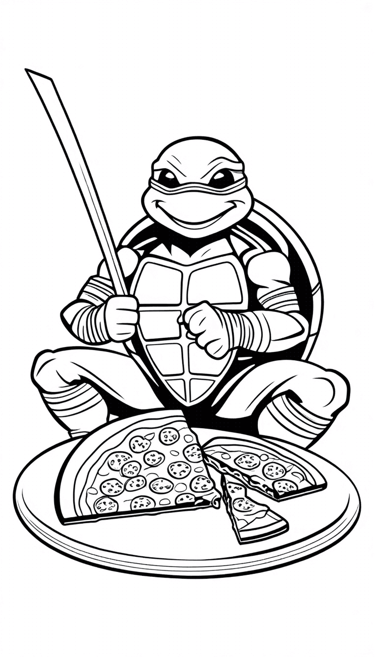 Teenage Mutant Ninja Turtles Coloring Page (Michelangelo) - Fun Michelangelo coloring page from the Teenage Mutant Ninja Turtles, featuring him happily enjoying a pizza feast. Ideal for TMNT fans and kids who love ninja action.